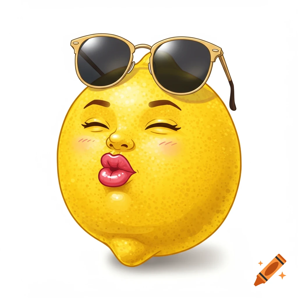 A cartoon lemon wearing sunglasses and making a kissy face on a white background.