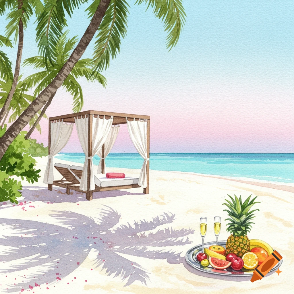 Watercolor painting of a luxury beach vacation with a white cabana, palm trees, ocean, and a tray of tropical fruit and champagne.