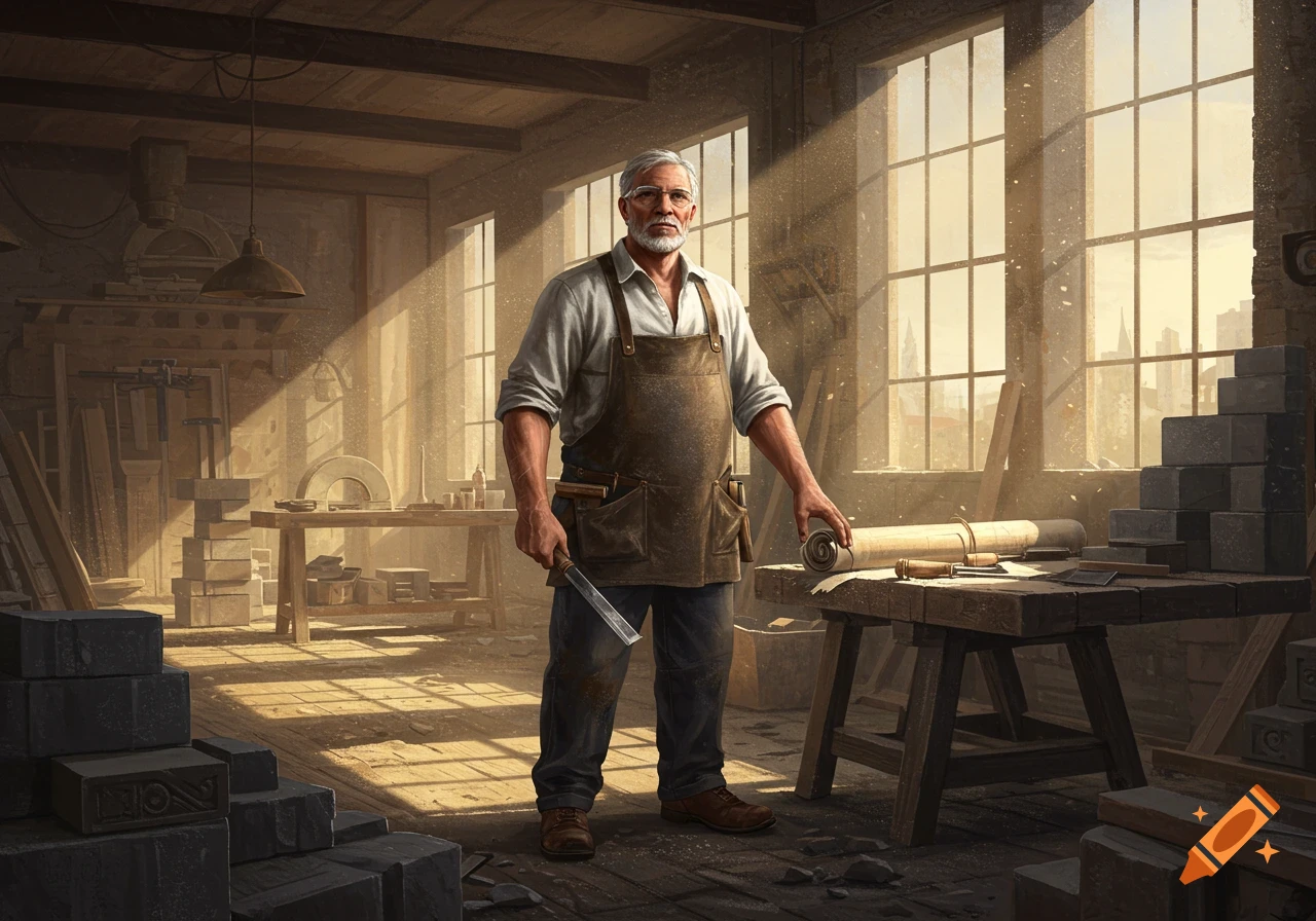 A grey-haired man in an apron and collared shirt stands in a sunlit workshop, holding a chisel, with tools around him.