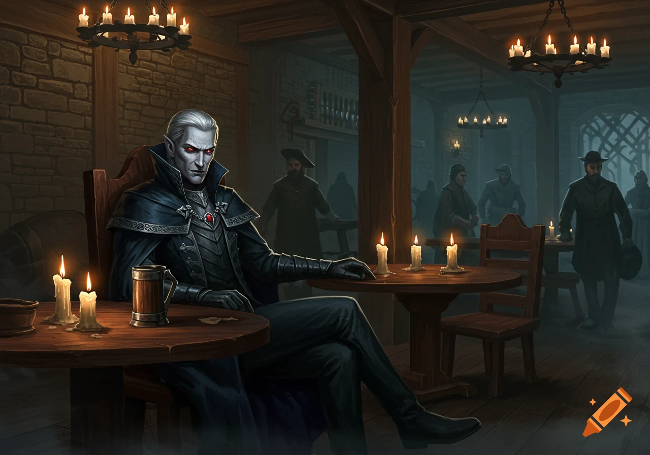 Pale-skinned vampire with red eyes and white hair in dark attire sitting at a table in a dimly lit tavern with candles.