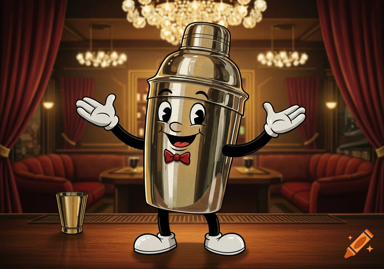 Happy vintage-style cartoon cocktail shaker with a bow tie standing on a bar counter in a classic lounge.