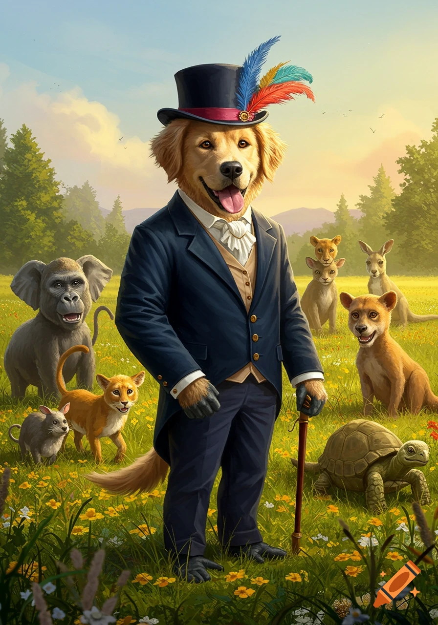 A golden retriever in a top hat, suit, and holding a cane stands in a sunny meadow surrounded by various anthropomorphic animals.