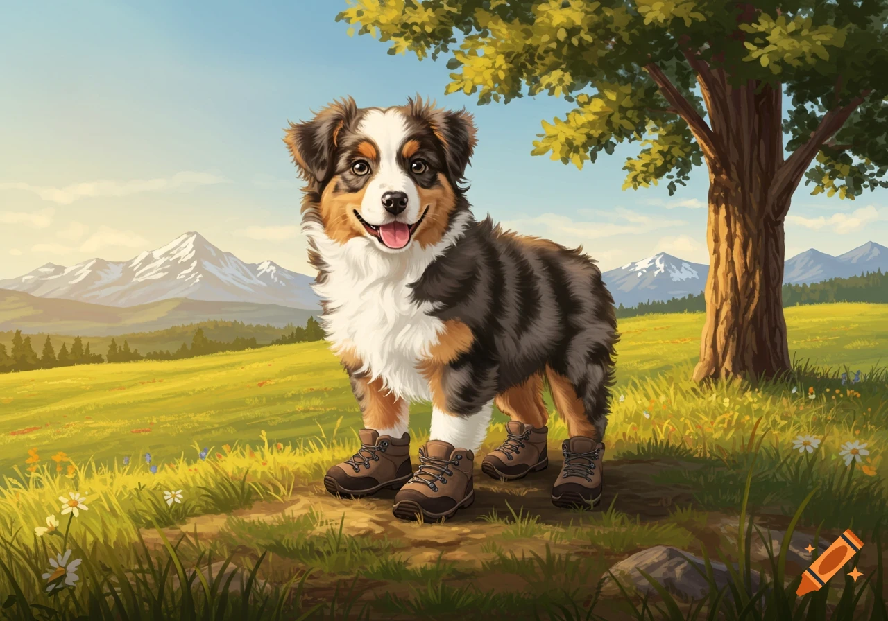 An adorable mini Australian Shepherd puppy wearing hiking boots stands in a grassy field with mountains and a tree.