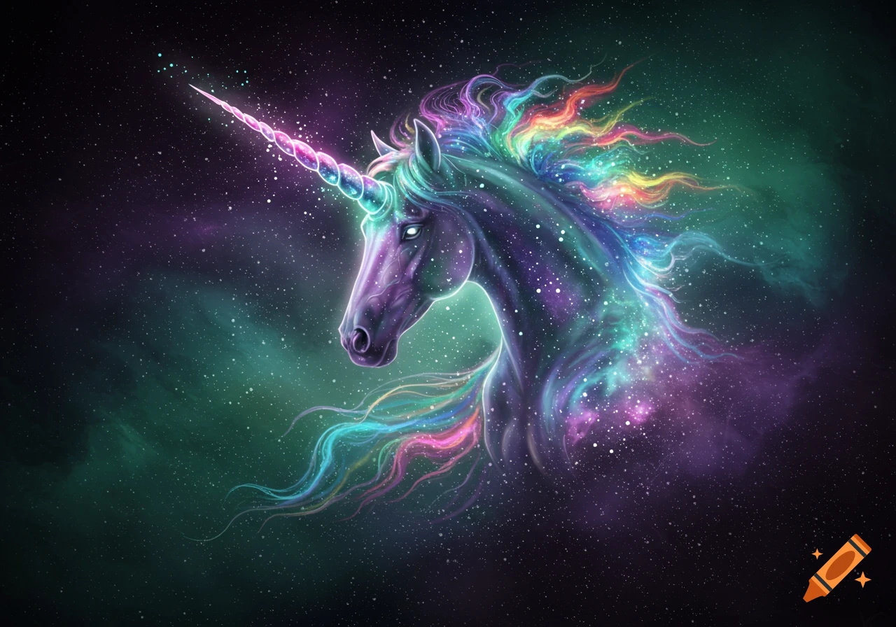 Vibrant unicorn composed of rainbow galaxies and white stars, set against a dark cosmic background.
