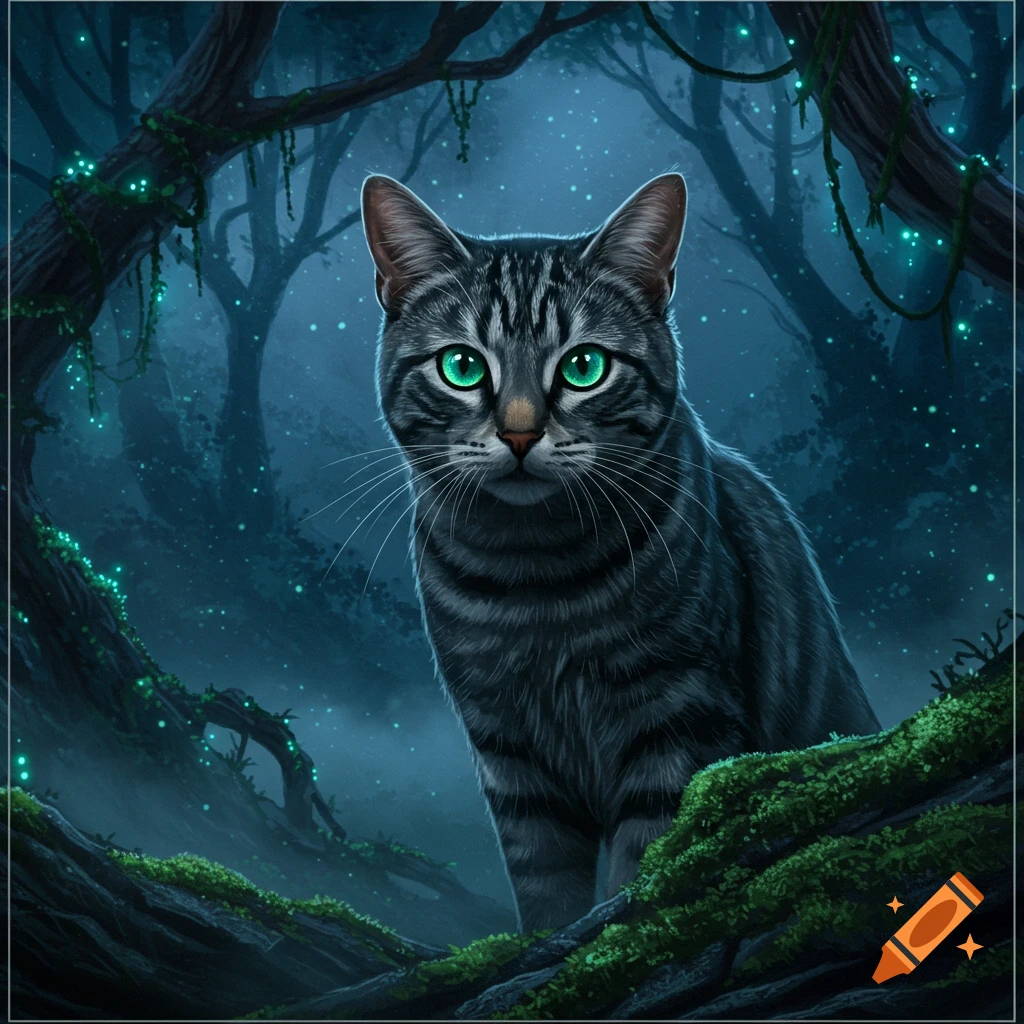 A grey tabby cat with glowing green eyes sits on mossy branches in a dark, magical forest at night with bioluminescent plants.