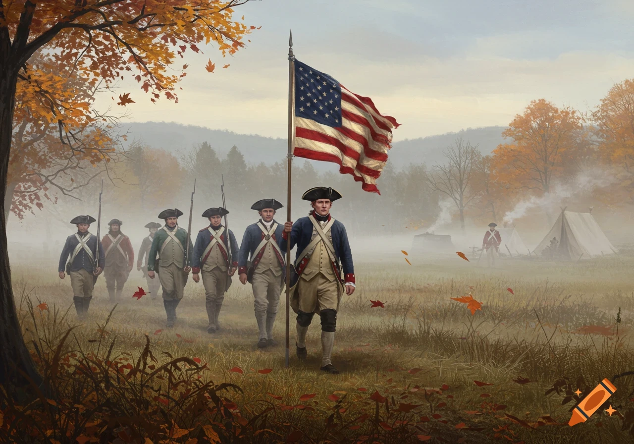 A group of Continental Army soldiers march through a misty autumn field, one carrying a large American flag. An army camp is in the background.