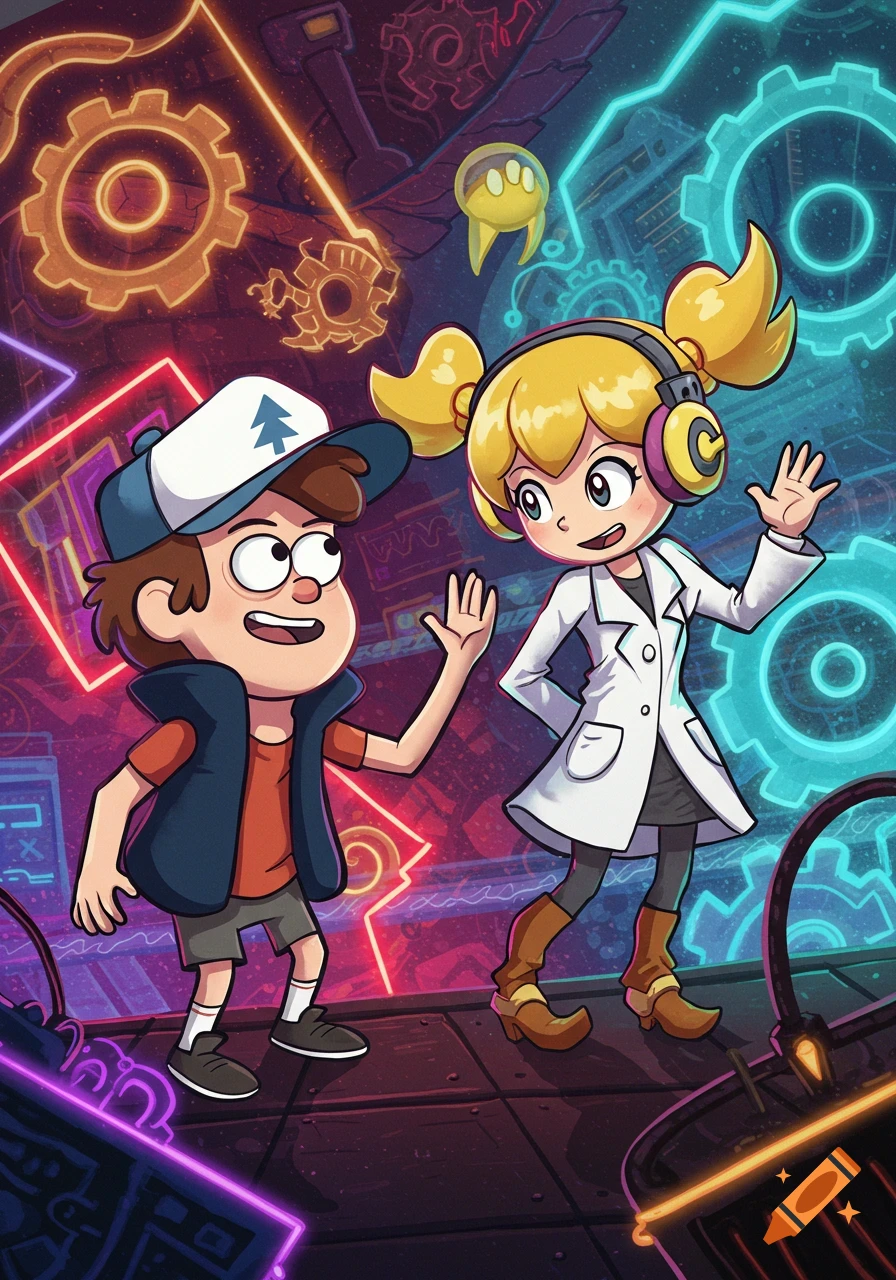 Cartoon of Dipper Pines and Penny Crygor waving in a futuristic room with glowing gears and neon lights.