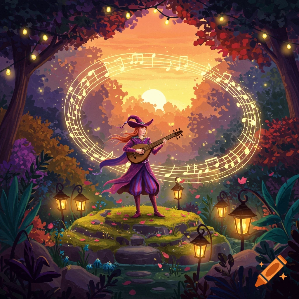 A vibrant illustration of a witch playing a lute in an enchanted forest at sunset, surrounded by glowing musical notes and lanterns.
