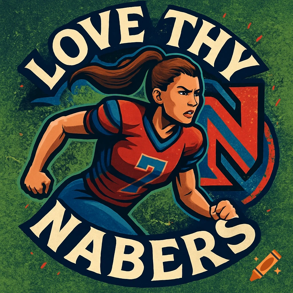Stylized illustration of a female football player in a red and blue uniform, with 'LOVE THY NABERS' text arced around her.