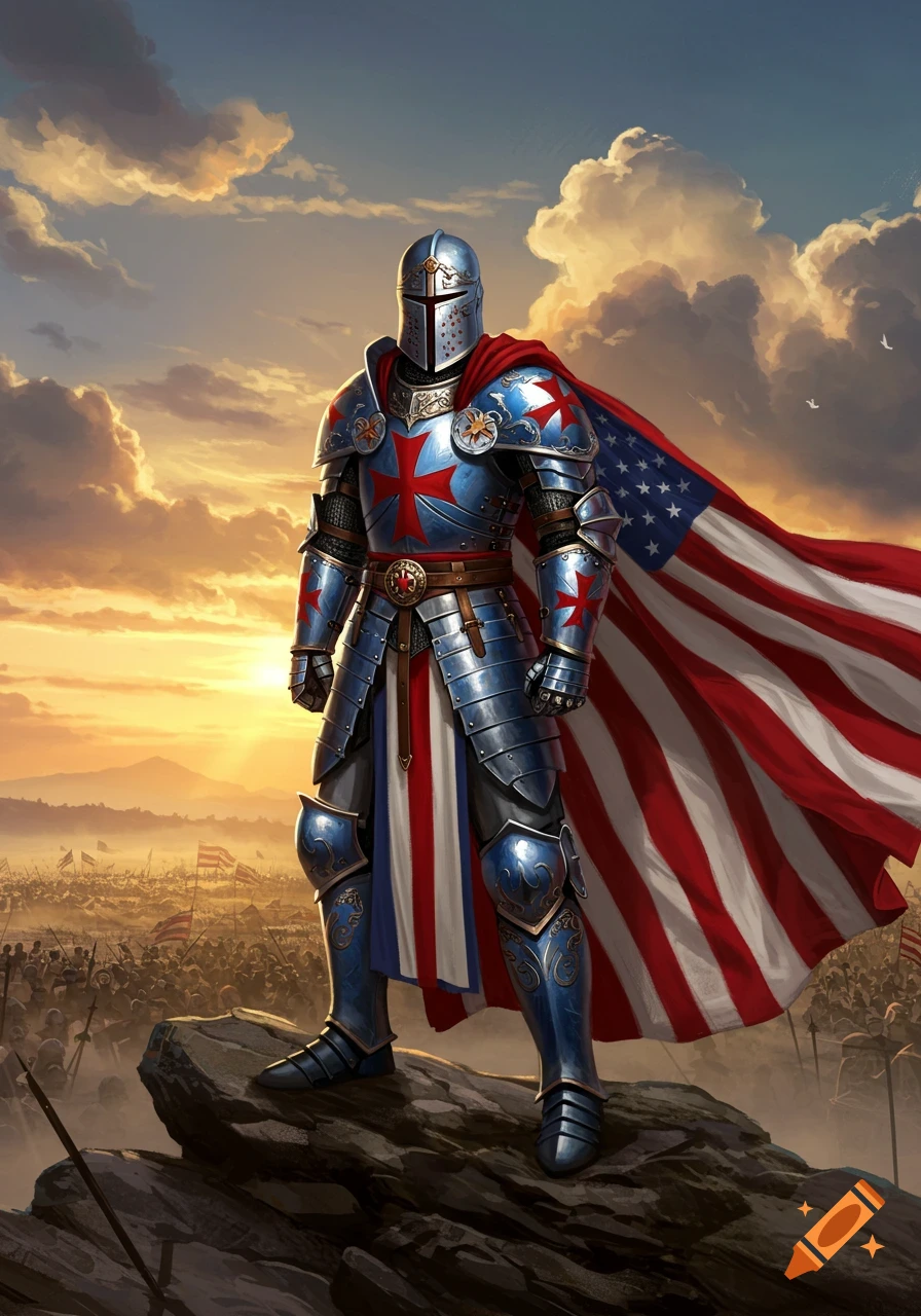 An armored knight in blue and silver armor with red crosses and an American flag cape stands on a rock overlooking a battlefield at sunset.