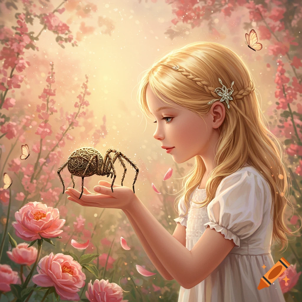 A blonde girl in a white dress holds a decorative golden spider in a magical garden with pink flowers and butterflies, in an illustration style.