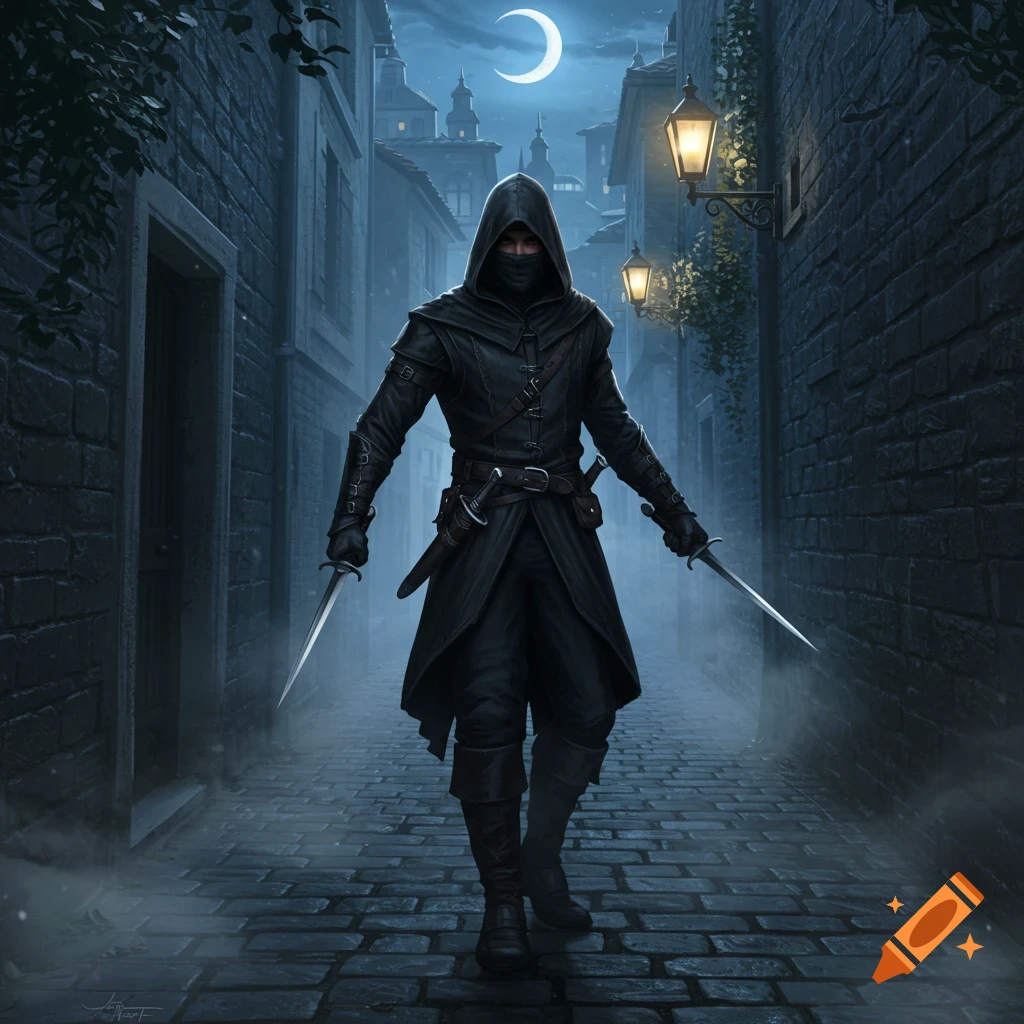 A hooded figure, dressed in black, stands in a dark, cobblestone alley at night, holding two daggers under a crescent moon. Realistic style.