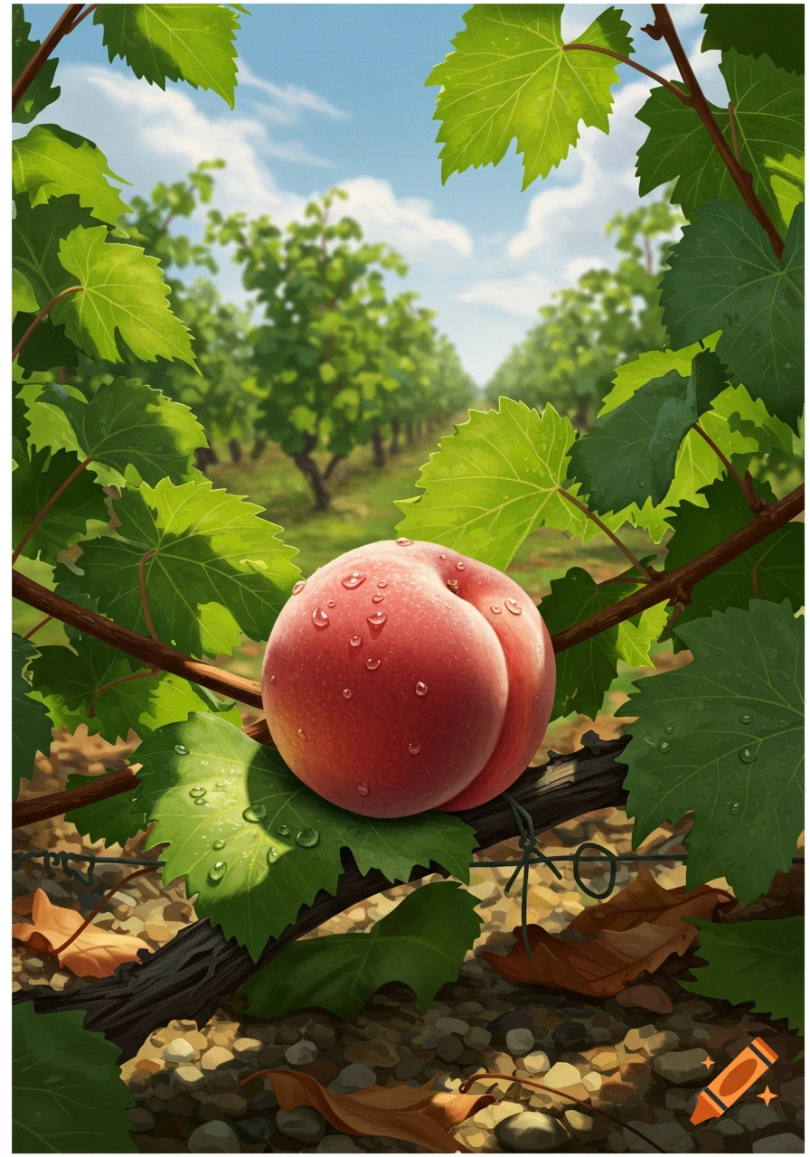A red, ripe peach covered in water droplets rests on a vine leaf in a sunny vineyard. Rows of grapevines are blurred in the background under a blue sky.