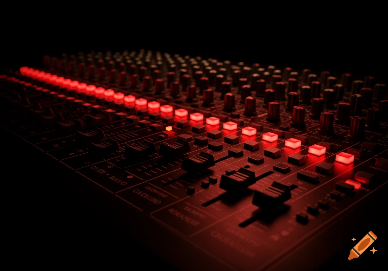 A dark, close-up, low-angle shot of a sound mixing board with rows of bright red illuminated buttons and faders.
