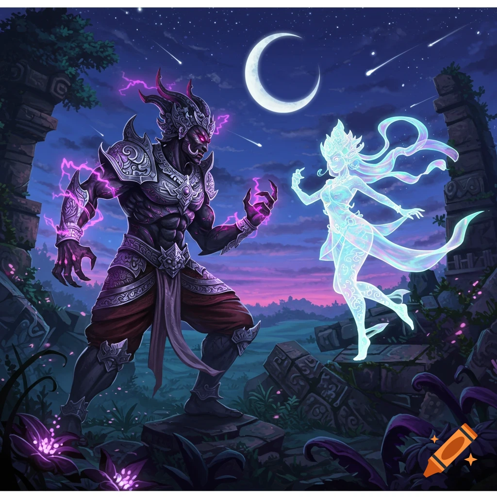 A dark, armored demon with purple lightning faces a glowing, ethereal female spirit under a crescent moon in a ruined landscape, fantasy art.
