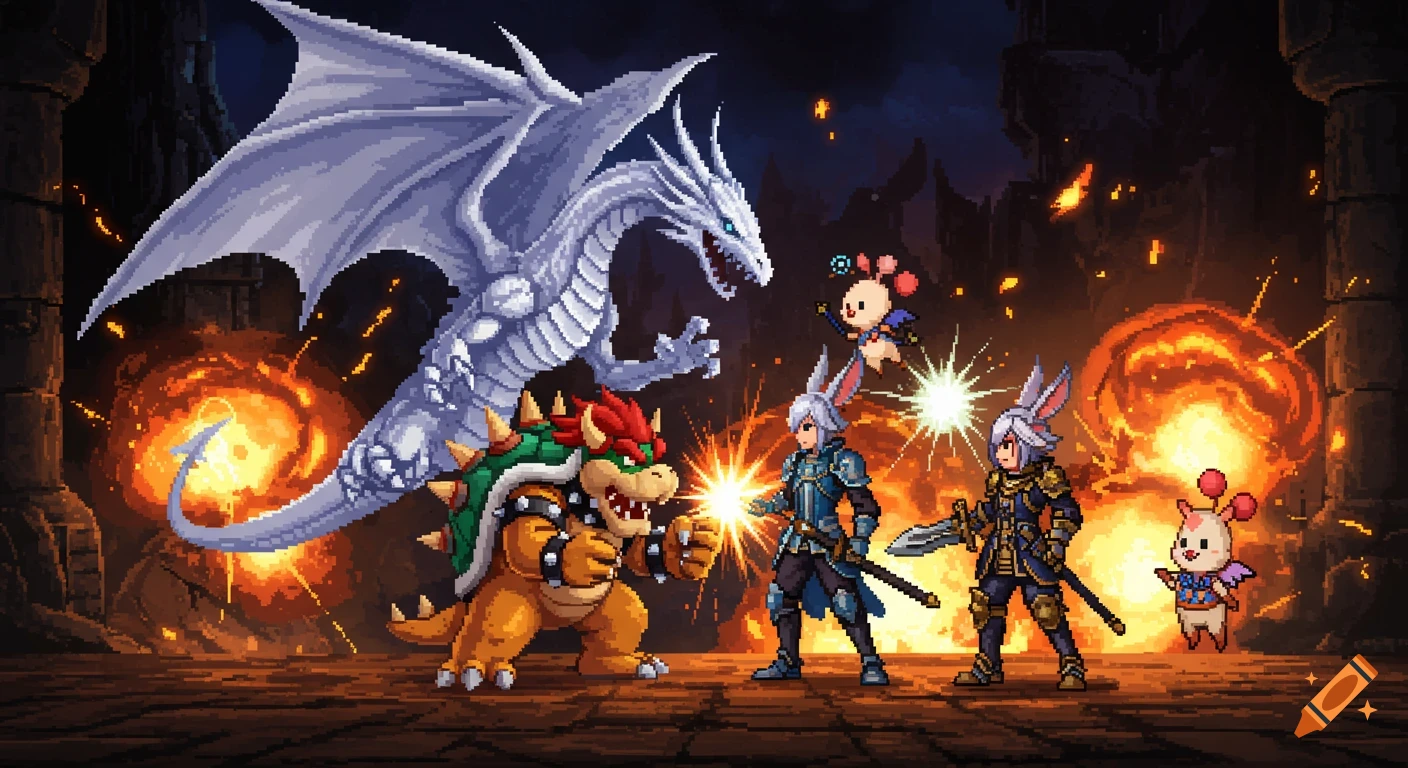 A pixel art battle scene featuring a white dragon, Bowser, a Viera-like warrior, and two moogle-like creatures in a fiery setting.