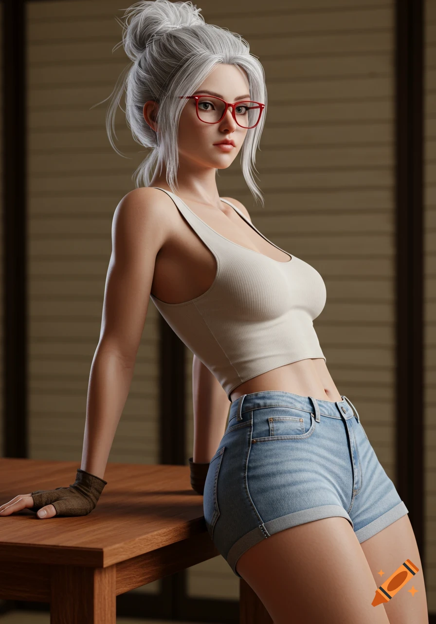 Hyper-realistic portrait of a woman with white hair in a bun, red glasses, off-white tank top, and denim shorts, leaning on a wooden table.