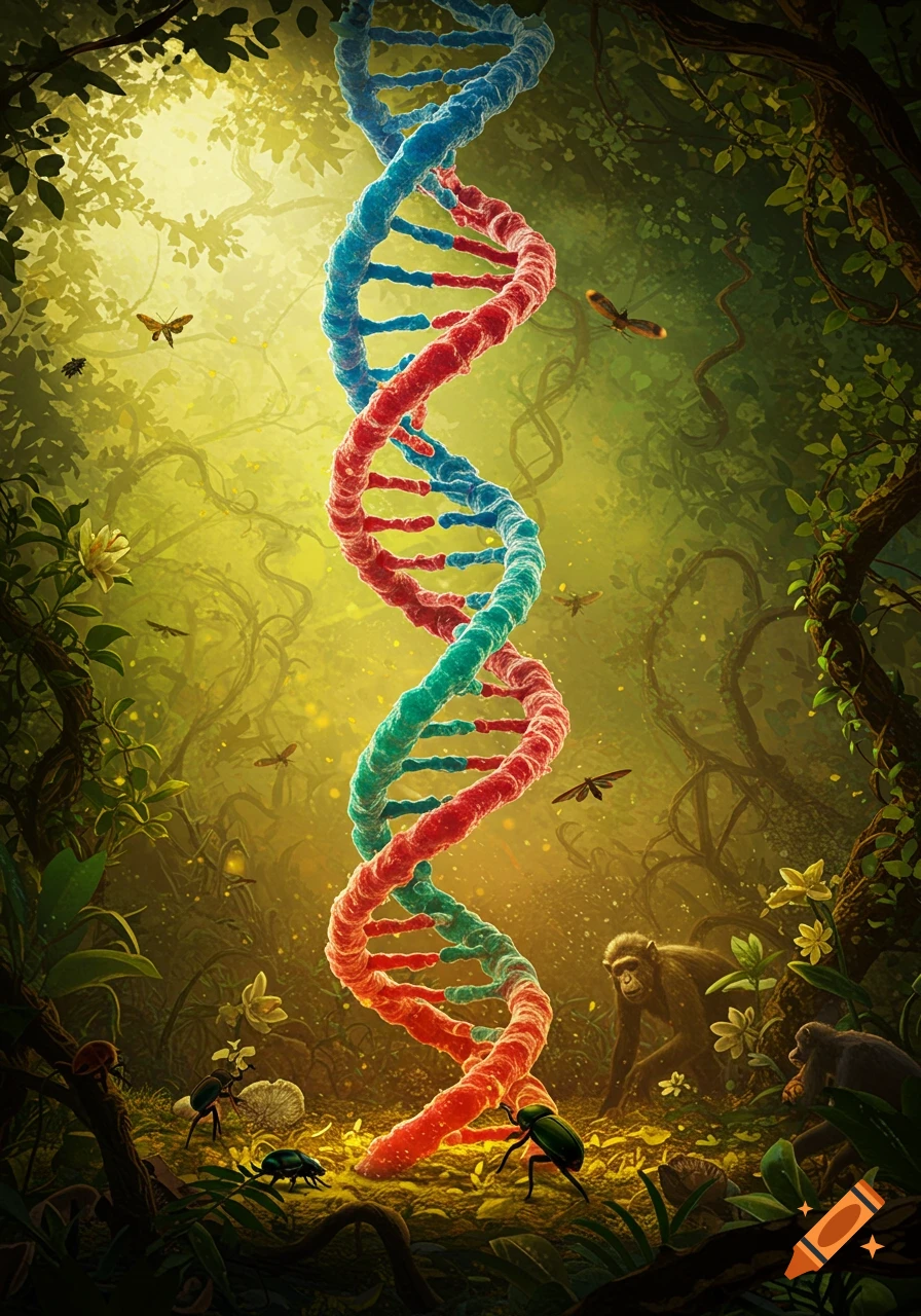 Vibrant, stylized DNA helix rising from a lush, sun-drenched jungle floor with monkeys, insects, and butterflies.