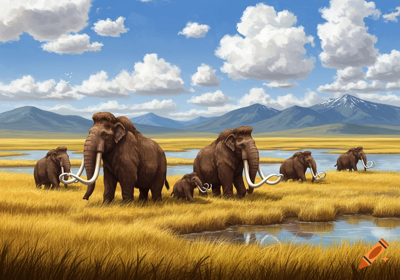 A family of woolly mammoths, including adults and calves, walks through a golden steppe with small lakes and distant mountains under a blue sky with fluffy clouds.
