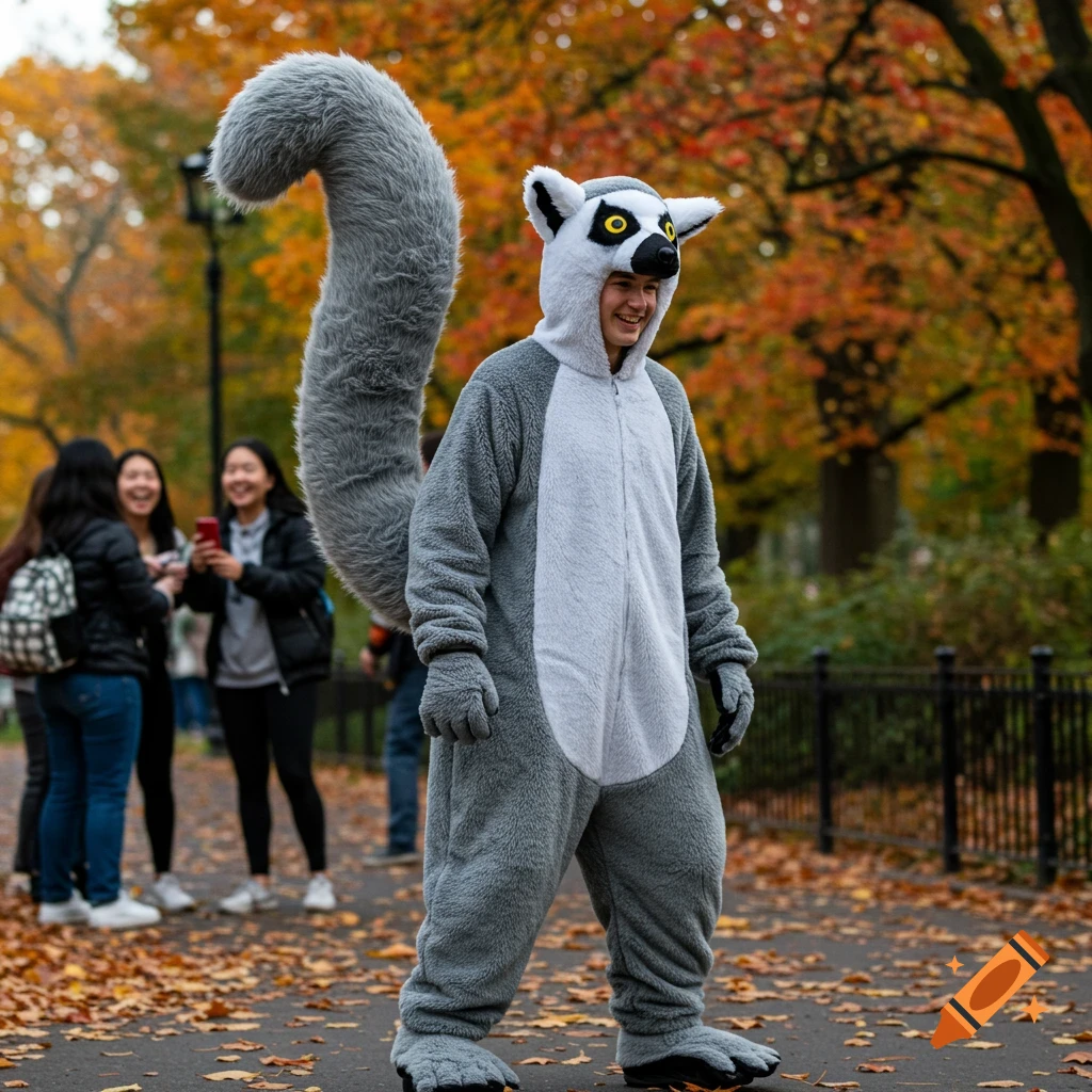 A smiling person in a gray lemur costume with a long fluffy tail stands on a park path covered in autumn leaves, with other people in the background.