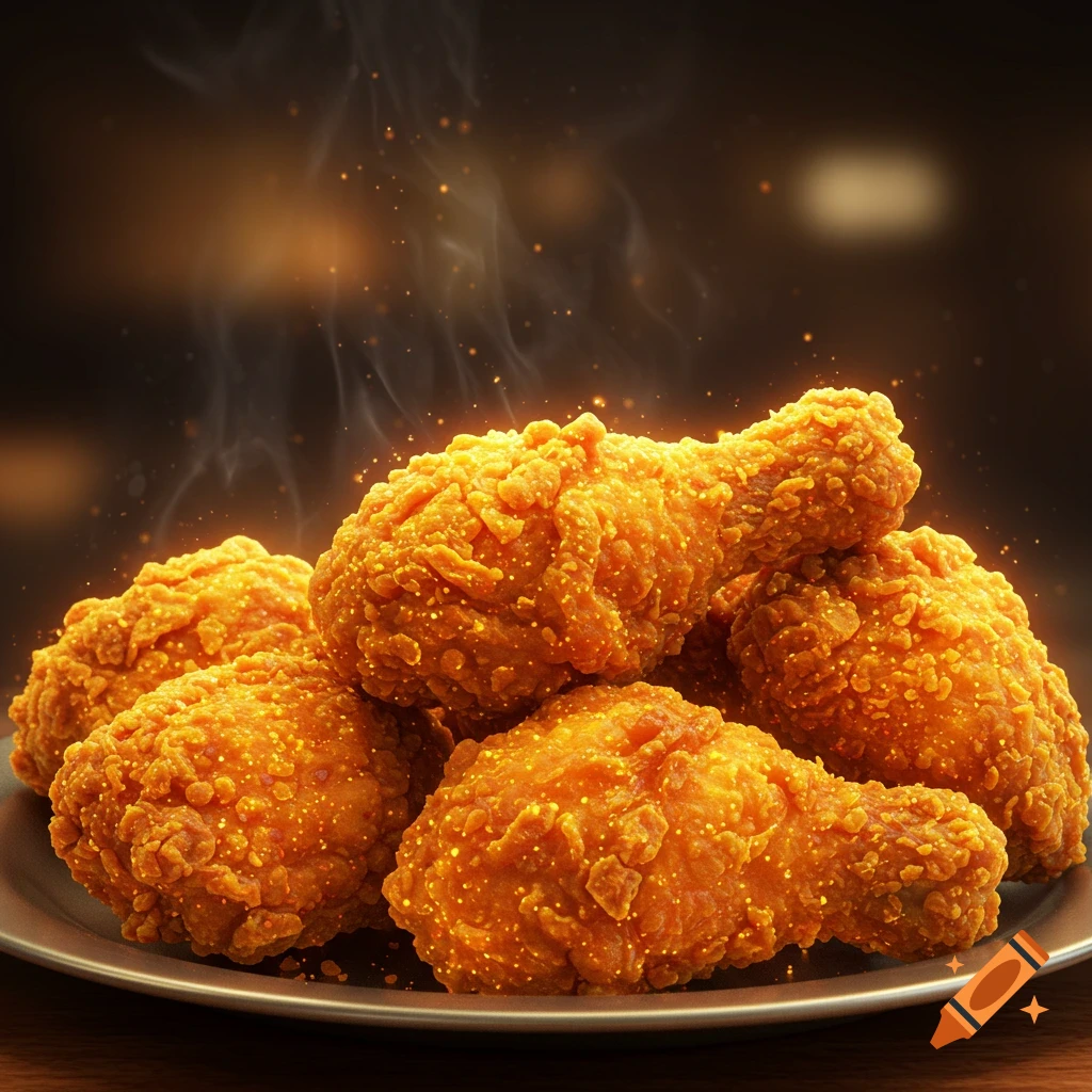 Several pieces of hot, glowing fried chicken drumsticks piled on a plate, with steam rising and warm light effects.