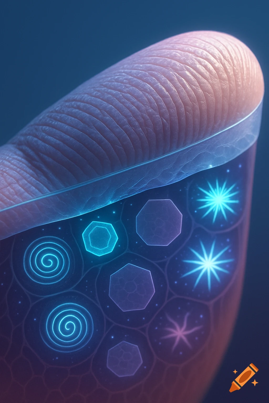 Close-up of a human finger showing skin layers and glowing hexagonal, spiral, and star-like patterns representing sense receptors.
