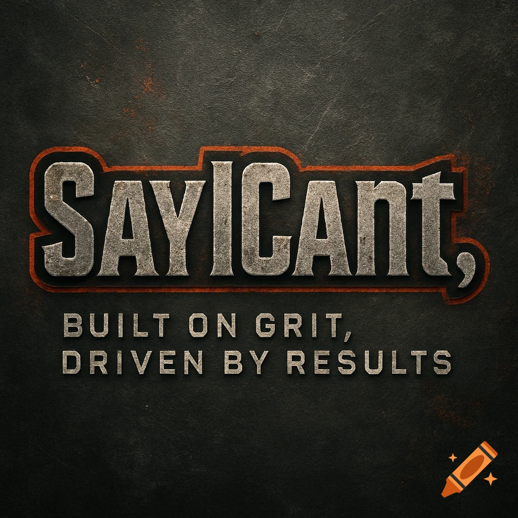 Rugged, metallic logo with the text 'SayICant,' over 'BUILT ON GRIT, DRIVEN BY RESULTS' on a dark, textured background.