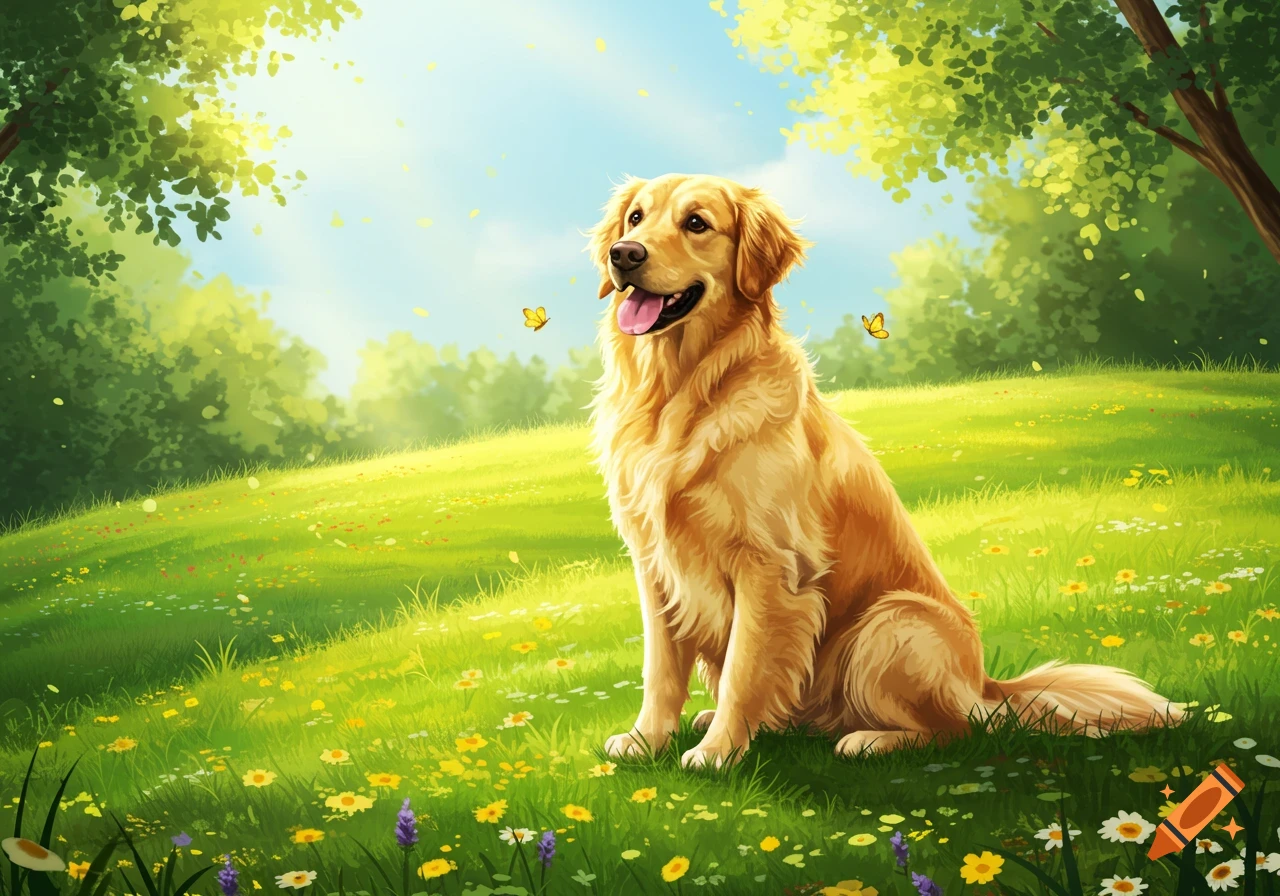 A bright illustration of a happy golden retriever sitting on a sunny green hill with wildflowers under a blue sky.