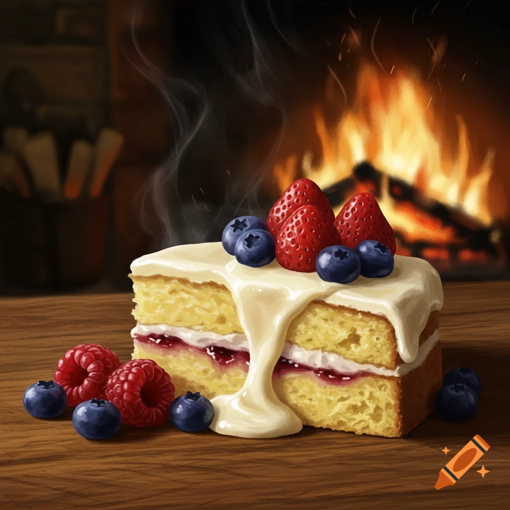 Stylized illustration of a vanilla cake slice with dripping white frosting, berries, and a cozy fireplace in the background.