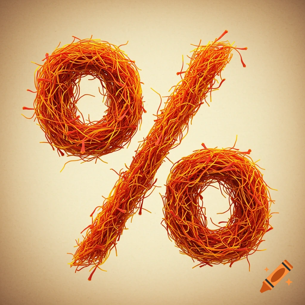 A percent symbol formed by intricate, vibrant orange and yellow saffron threads, set against a warm, light brown background.