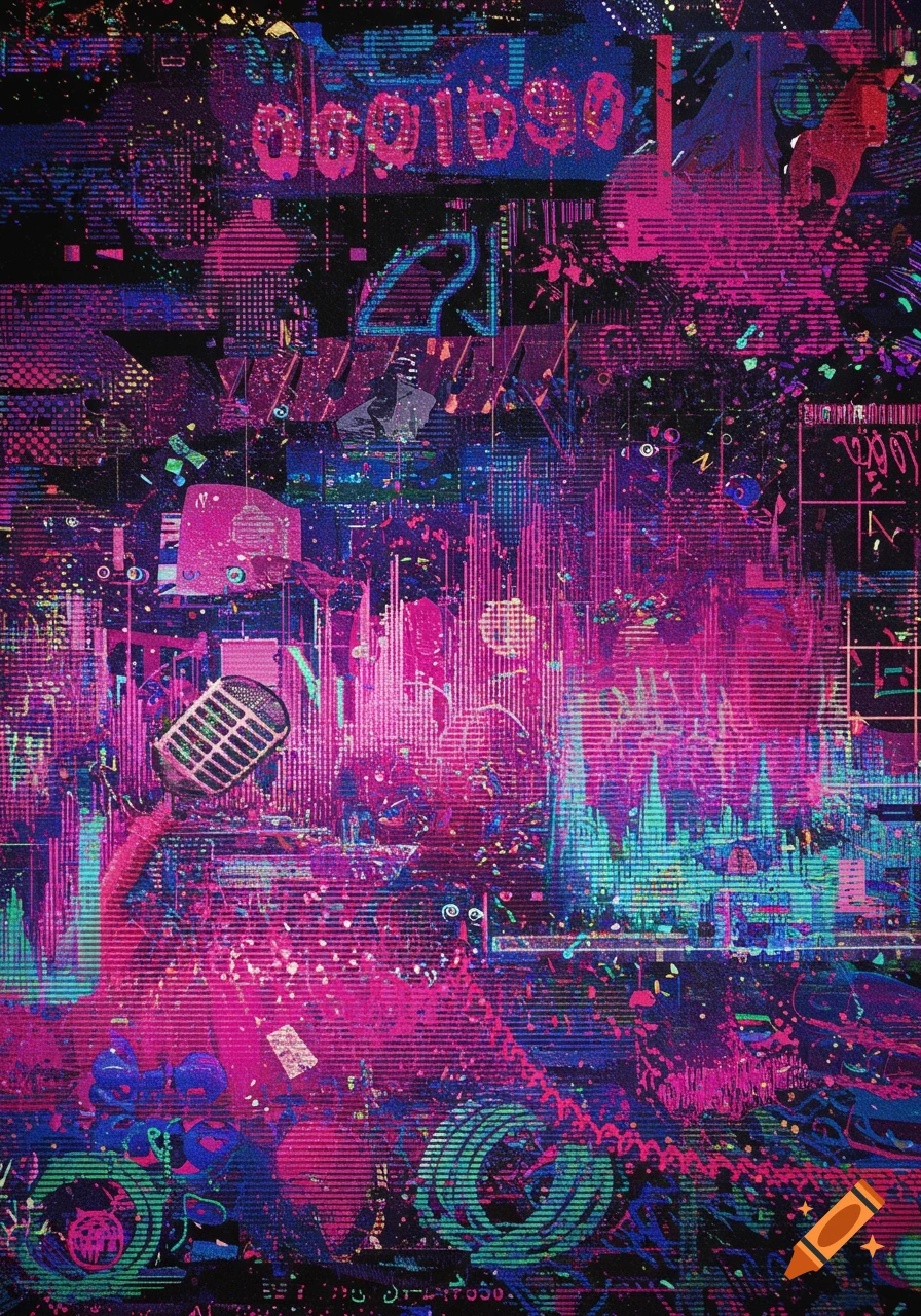 A vibrant, glitchy abstract digital artwork in a hyperpop style, with neon pinks, blues, and greens, and a distorted microphone.