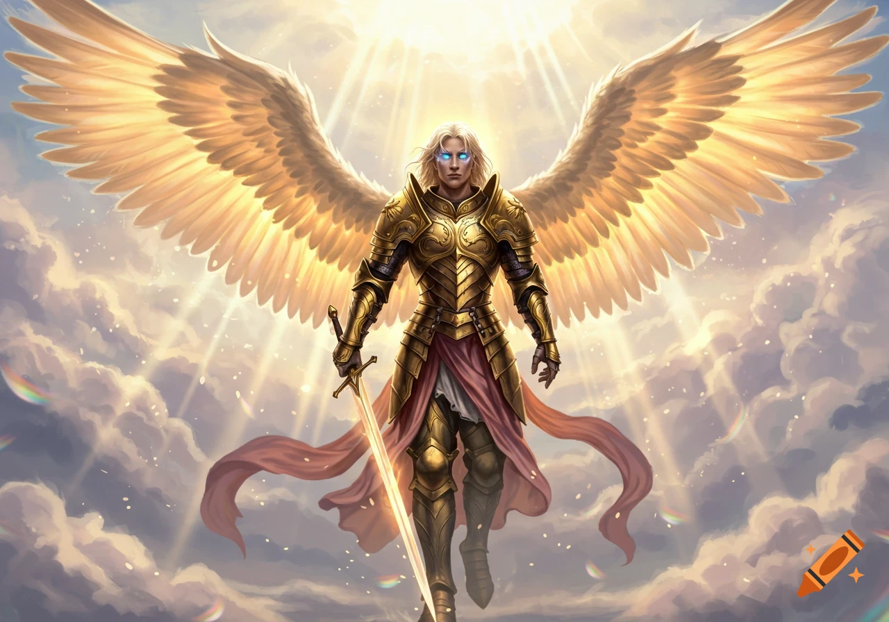 A heavenly warrior angel in golden armor with large, bright wings, standing amidst clouds and divine light.