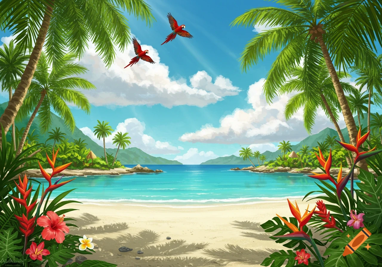 A vibrant illustration of a tropical beach with turquoise water, white sand, palm trees, colorful flowers, and two red macaws flying in a blue sky with clouds.