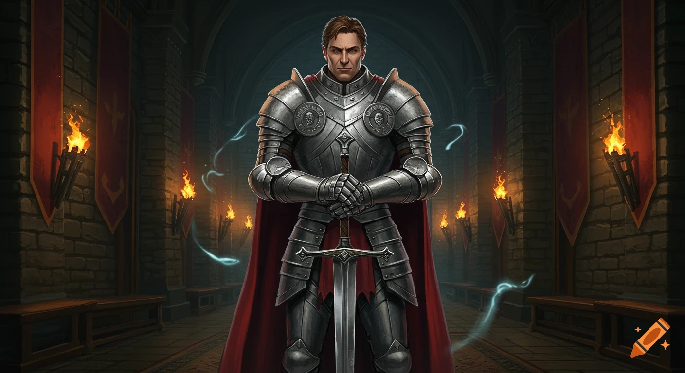 A knight in full silver armor with a red cape stands in a torchlit stone castle hall, holding a greatsword.