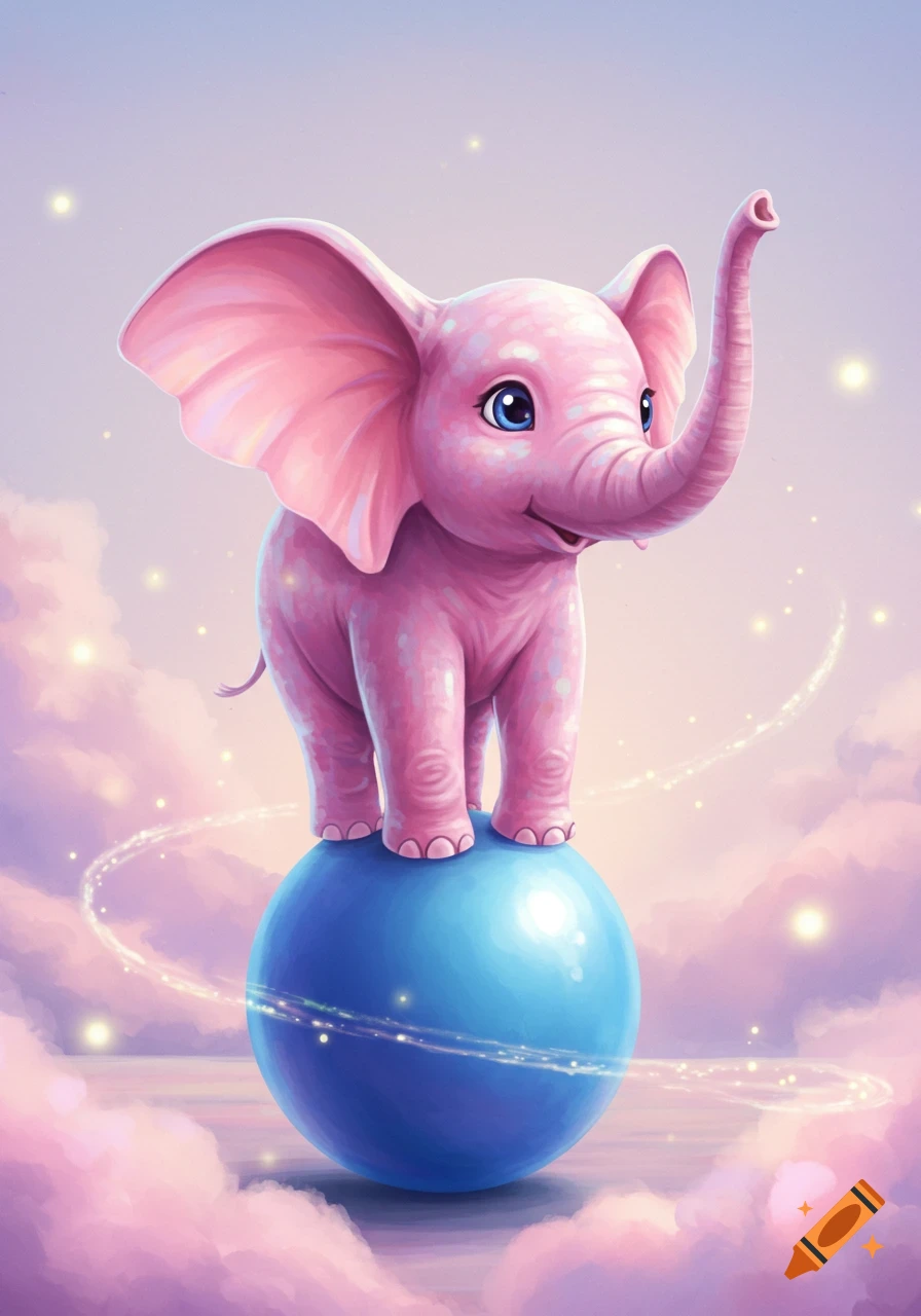 A cute pink cartoon elephant balancing on a blue ball in a whimsical sky with glowing particles, digital art.