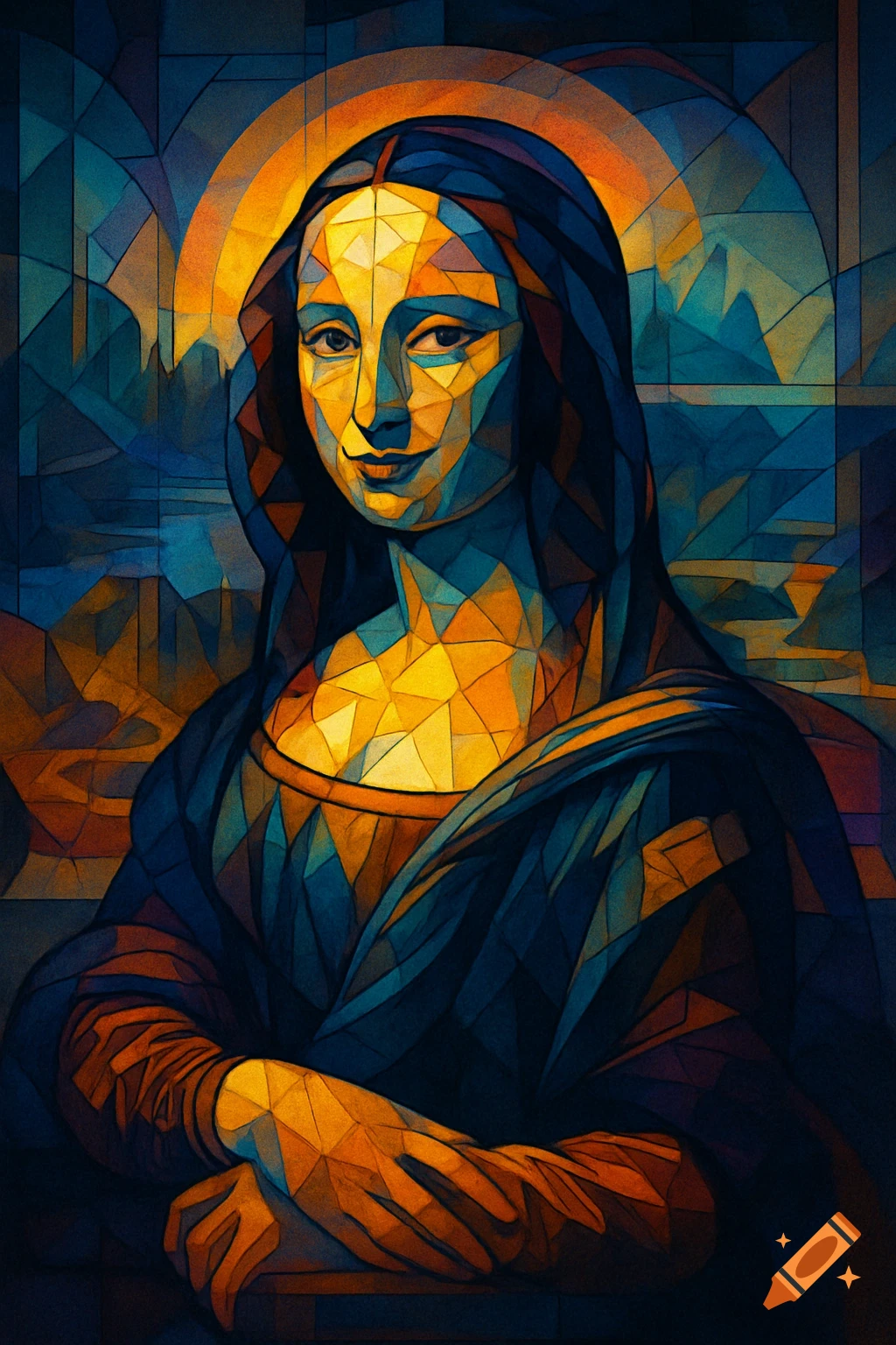 Stylized portrait of Mona Lisa in geometric stained glass art, with warm golden and cool blue tones.