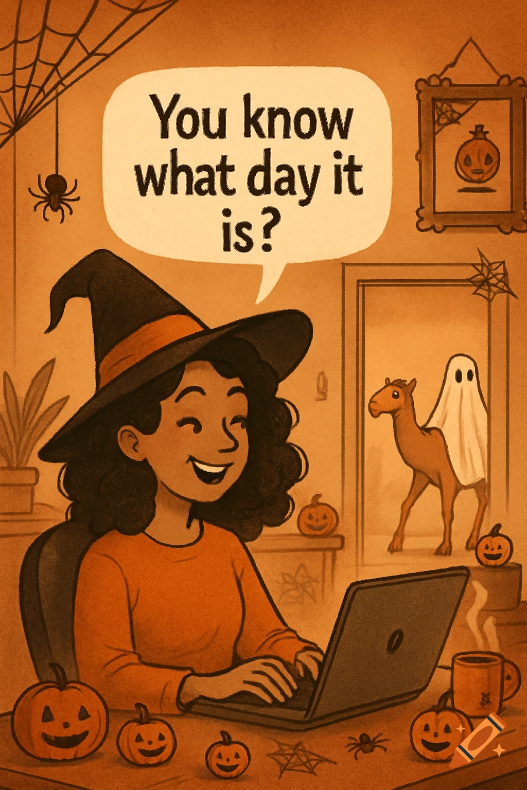 A cartoon illustration of a witch smiling at her laptop, surrounded by Halloween pumpkins. In the background, a camel is dressed as a ghost.