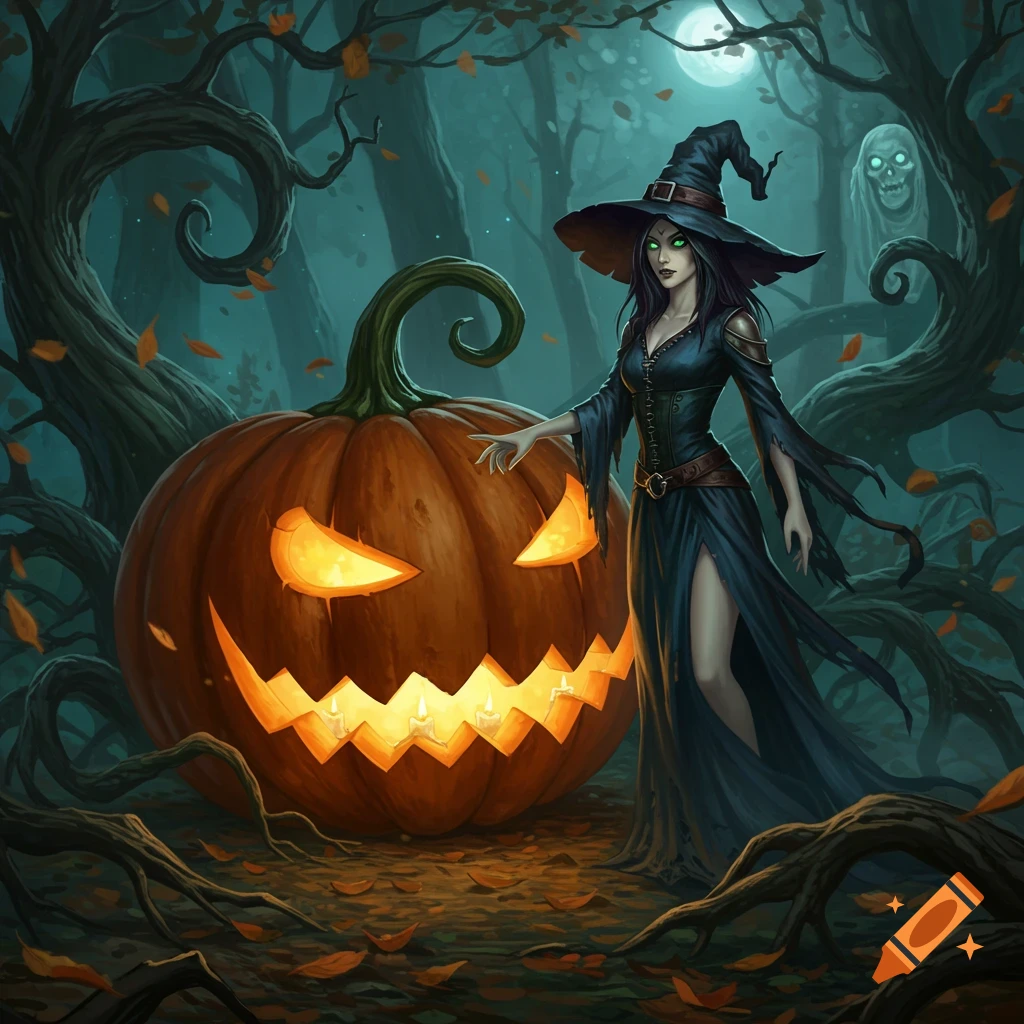 A dark witch with green eyes stands next to a glowing jack-o'-lantern in a spooky forest under a full moon.