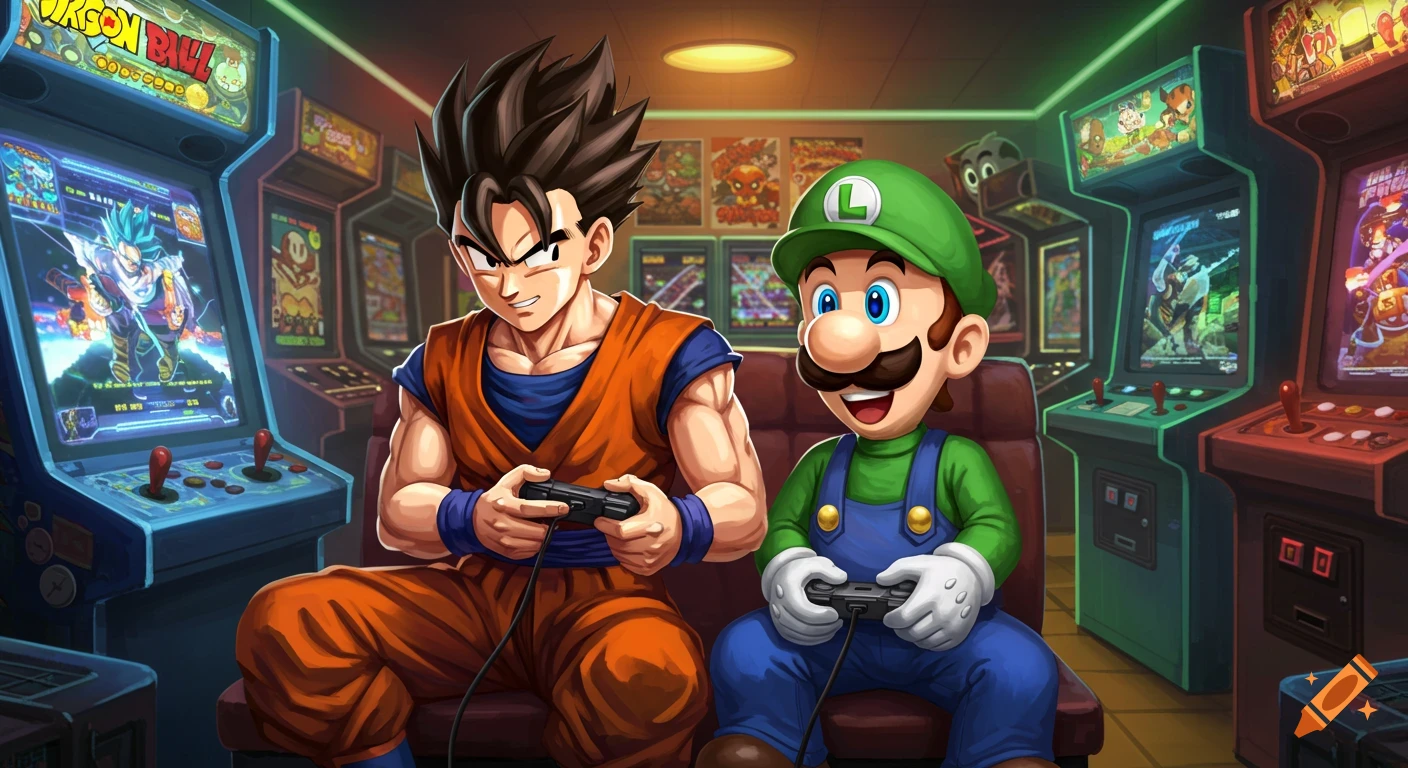 Goku and Luigi playing video games on arcade machines in a colorful arcade.