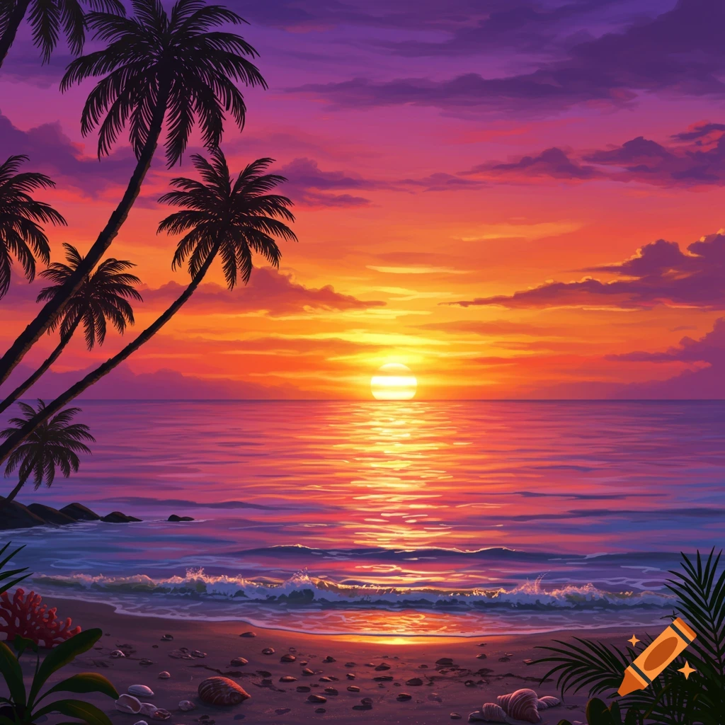 Vibrant illustration of a tropical beach at sunset with palm trees silhouetted against an orange and purple sky.