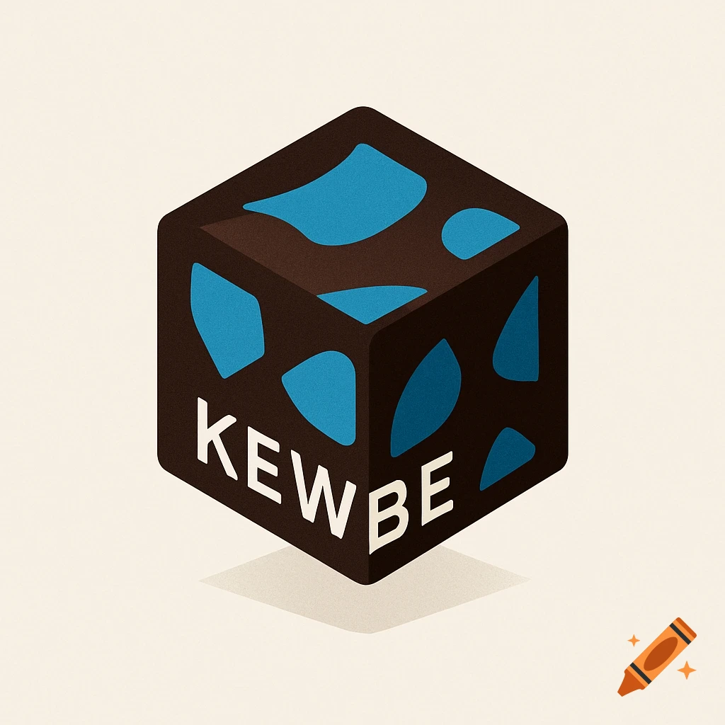 Isometric logo of a dark brown cube with blue abstract shapes and white text 'KEWBE' on a light background.