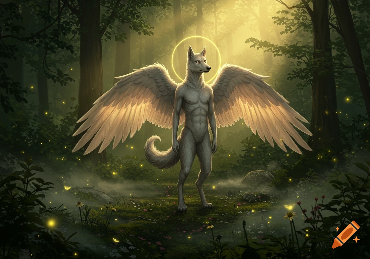 An ethereal wolf-like man with large white wings and a golden halo stands in a mystical, sunlit forest with glowing fireflies.
