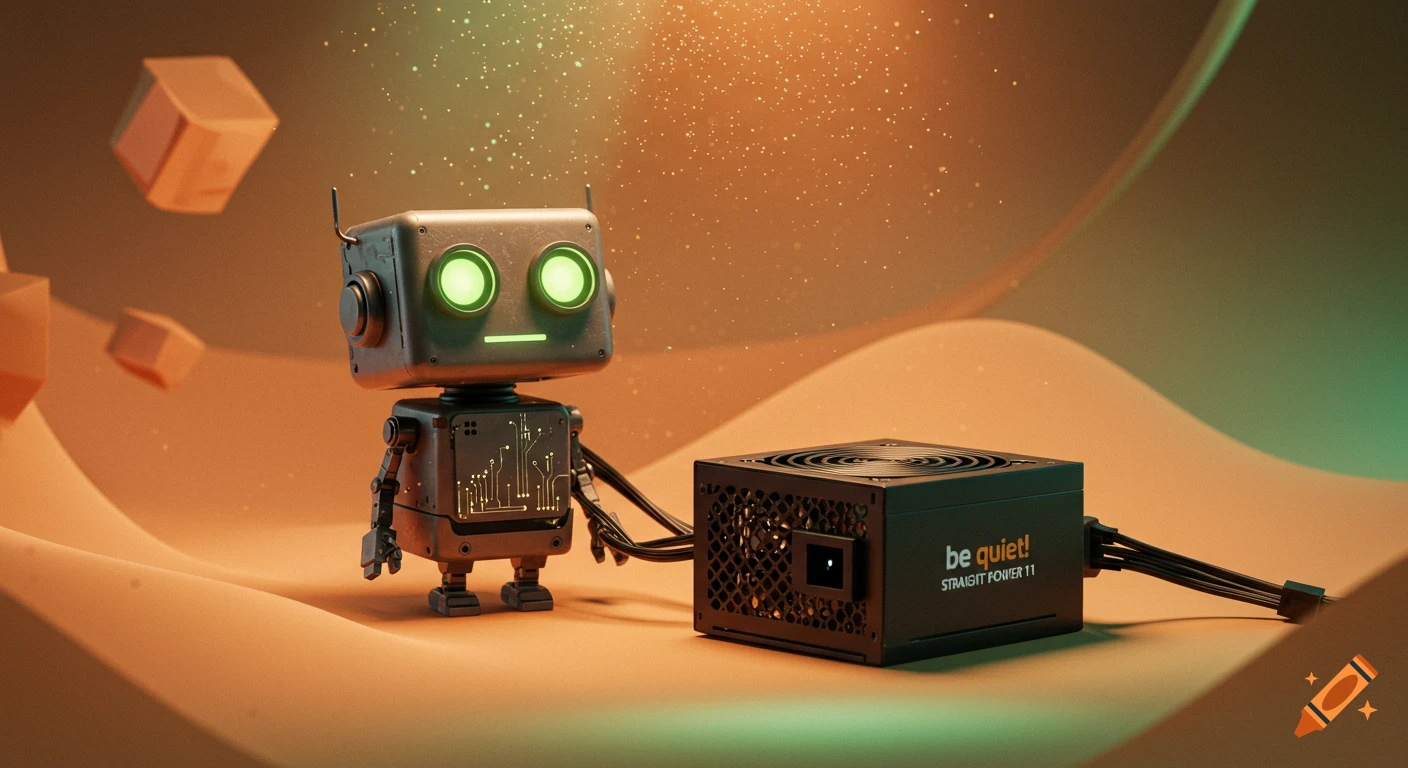 A cute, blocky robot with glowing green eyes stands next to a black 'be quiet!' computer power supply on an orange-green wavy surface.