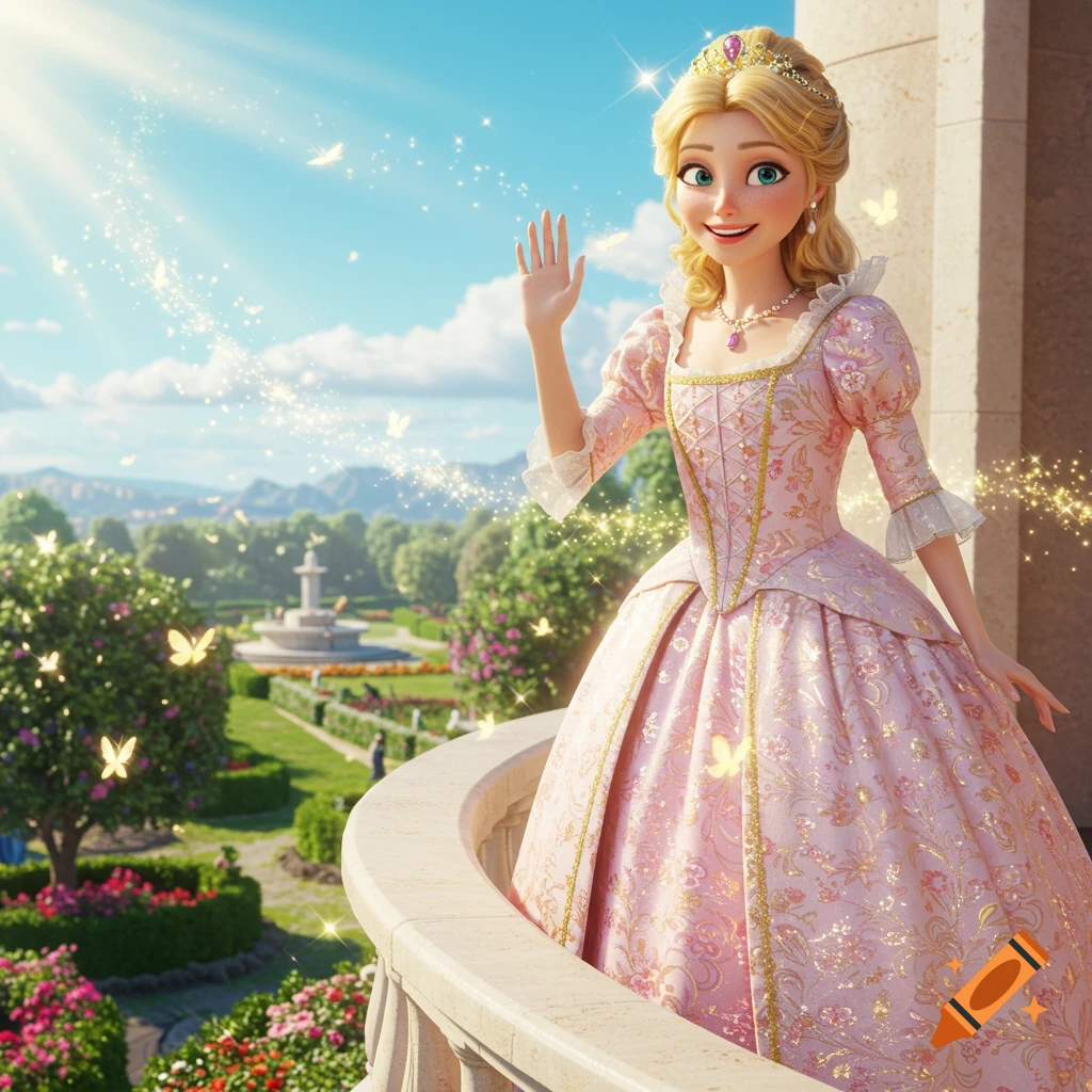 A smiling 3D animated queen in a pink gown waves from a balcony overlooking a whimsical garden.