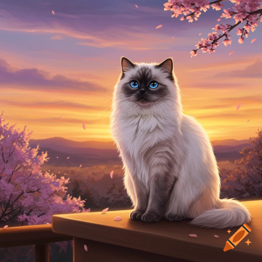 A fluffy Himalayan cat with bright blue eyes sits on a wooden railing, pink cherry blossoms framing a vibrant sunset over a valley.