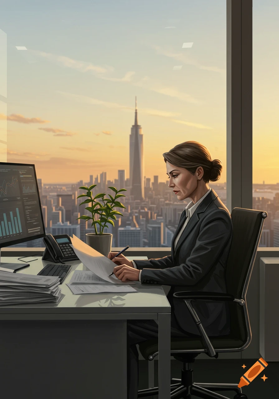 A businesswoman in a suit and low bun works at a desk by a large window overlooking a city skyline at sunset.