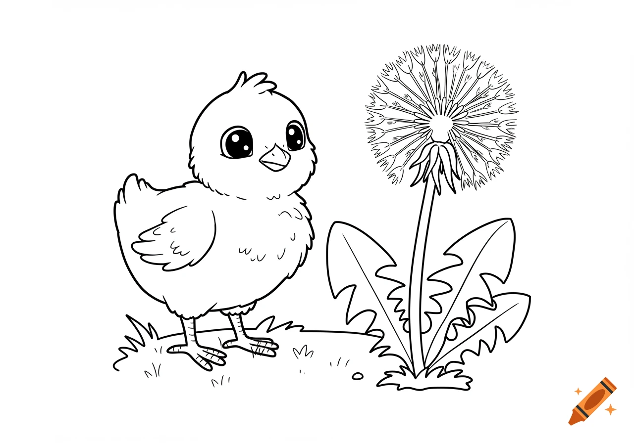 Black and white line art of a cute cartoon chick standing on grass beside a dandelion, suitable for a coloring book.