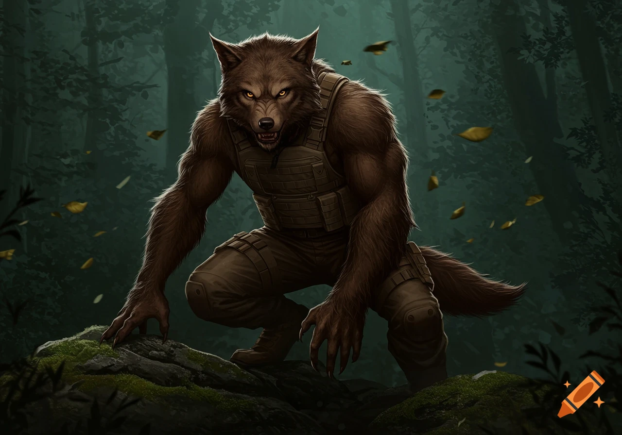 A brown werewolf in tactical gear crouches on a mossy rock in a dark forest, glaring with glowing yellow eyes.