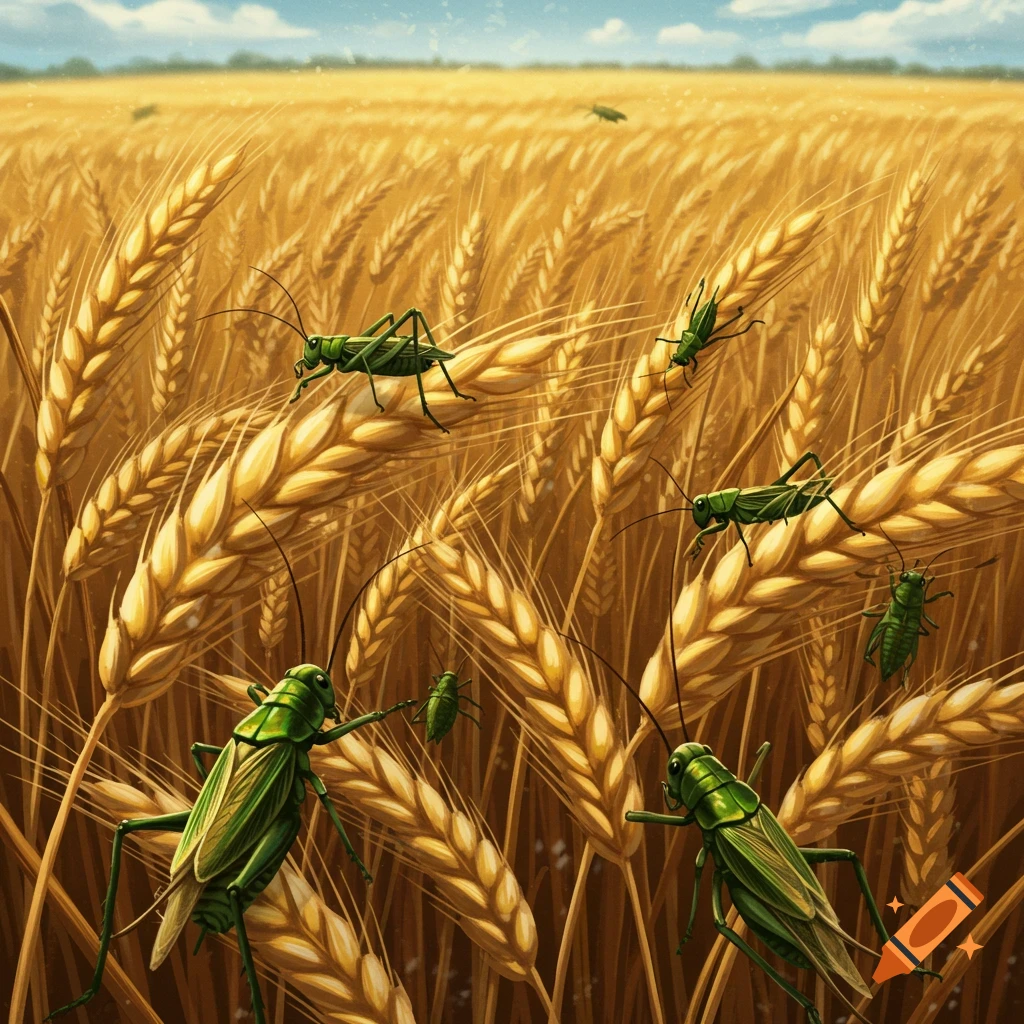 Many green crickets crawl on golden wheat stalks in a detailed illustration of a field under a blue sky.