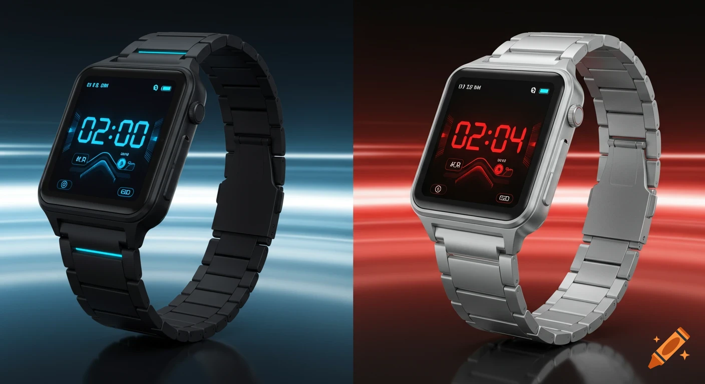 Two futuristic smartwatches, one black with a blue digital display and one silver with a red digital display, shown side by side.